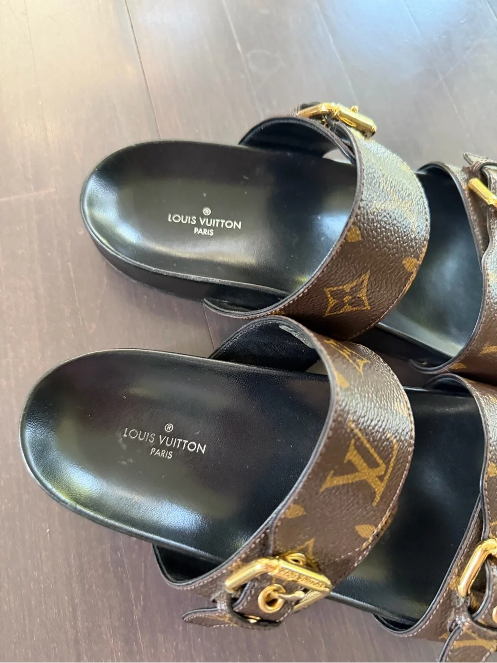 Louis vuitton Canvas Leather Logo Brown Slides Size: 8.5 | IT 38.